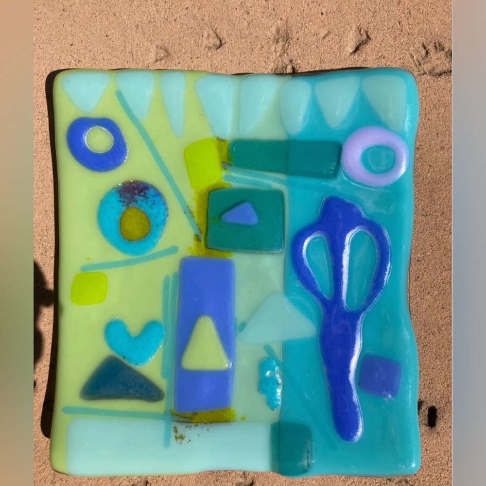 Sea Magic “Fused Art Glass Handmade Original 6” x6” Aqua Square Tray